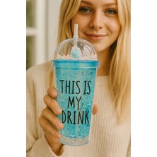 biton  cool temalı buzlu cam görünümlü mavi suluk pipetli  450 ml çift katman mika su şişesi 2742