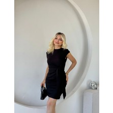 Nnstartshopping  Kadın Kısa Kap Kollu Bisiklet Yaka Belden Bağlamalı Modal Mini Elbise
