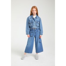 Escabel Kız Çocuk 5-9 Yaş Cepli Bol Paça Denim Pantolon 2452 Kot Mavi