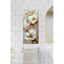 KutuTR Beyaz Çiçek ve Altın Yaprak Desenli Temperli Cam Dik Tablo 30X60 cm Ebadında Uv Baskı - DCT027