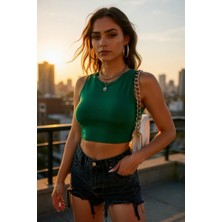 Kadın Yeşil Kare Yaka Crop Top Bluz - Şık, Rahat ve Kolay Kombinlenebilir