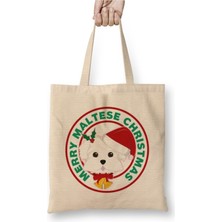 Toyaso Merry Christmas Maltese Dog Köpek Beyaz Bez Çanta Uzun Saplı Alışveriş Çantası Plaj Çantası