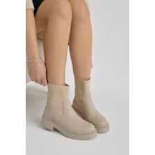 Tonny Black Kadın Bej Cilt Kalın Termo Taban Lastik Boğazlı Bot