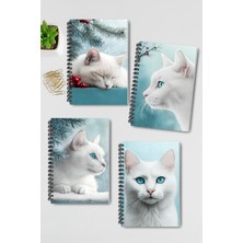 Qoeuyl Boutique Beyaz Kedi Kış Temalı Tasarım Tel Spiralli 4'lü Hatıra, Günlük, Ajanda, Anı, Okul Defter Seti