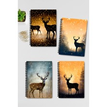 Qoeuyl Boutique Doğa Temalı Geyik Tasarım Tel Spiralli 4'lü Hatıra, Günlük, Ajanda, Anı, Okul Defter Seti