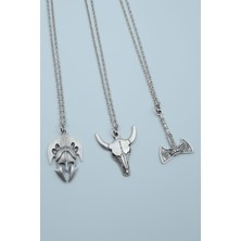 IDR 3'lü Viking Balta Buffalo - Boğa Savaşçı Miğfer Gümüş Kaplama Kolye Seti