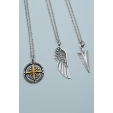 IDR 3'lü Pusula Kutup Yıldızlı Triagle Ok Ucu Büyük Kanat Gümüş Kaplama Kolye Seti