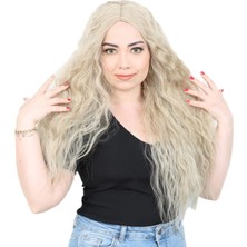 Marsilyan Kabarık Dalgalı Uzun Fiber Sentetik Peruk - Balköpüğü / Platin Röfleli