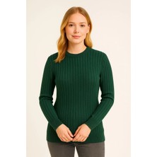 Velmora Fashion Kadın Bisiklet Yuvarlak Yaka Triko Kazak Pamuklu Kalın Fitilli Dokuma, Regular Fit Uzun Kollu Kışlık Model - Haki