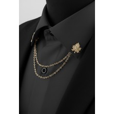 Gold Renk Yaprak Desenli Zincirli Gömlek & Ceket & Damatlık & Yaka Iğnesi