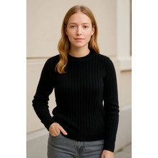 Velmora Fashion Kadın Bisiklet Yuvarlak Yaka Triko Kazak Pamuklu Kalın Fitilli Dokuma, Regular Fit Uzun Kollu Kışlık Model - Siyah