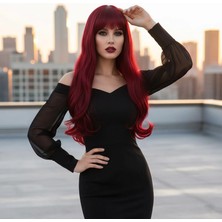 Marsilyan Kahküllü Uzun Dalgalı Fiber Sentetik Peruk - Kızıl