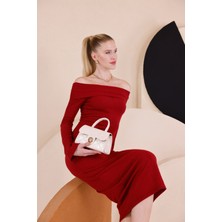 Qscob Madonna Yaka Dar Kalıp Uzun Kollu Elbise