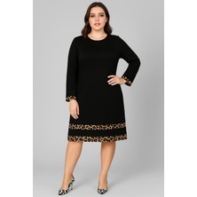 Curvy Trend Büyük Beden Kol Ucu ve Eteği Leopar Garnili Uzun Kol Viskon Elbise