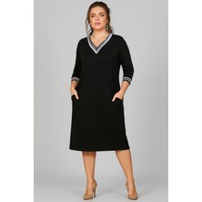 Curvy Trend Büyük Beden Yaka ve Kol Ucu Şerit Uzun Kol Viskon Elbise