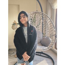 Şimo Butikkız Çocuk Peluş Polar Hırka Kapşonlu Fermuarlı Cepli Pembe Beyaz Siyah Mor Gül Kurusu !!!dar Kalıp