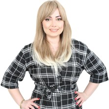 Marsilyan Düz Perçemli Orta Boy Fiber Sentetik Peruk - Karamel / Platin Röfleli