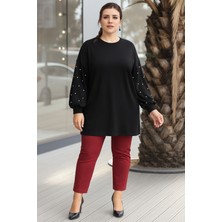 Curvy Trend Büyük Beden Kolları Incili Balon Kol 2 Iplik Tunik