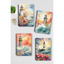 Qoeuyl Boutique Okyanus Temalı Deniz Feneri Tasarım Tel Spiralli 4'lü Hatıra, Günlük, Ajanda, Anı, Okul Defter Seti
