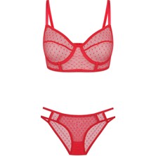 Koza İç Giyim Kadın Kırmızı Puanlı Tül Sütyen Takımı