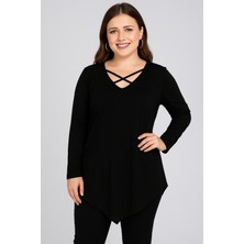 Curvy Trend Büyük Beden Yaka Çapraz Biyeli Üçgen Etek Uzun Kol Bluz