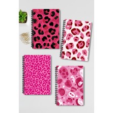 Qoeuyl Boutique Pembe Leopar Desenli Tasarım Tel Spiralli 4'lü Hatıra, Günlük, Ajanda, Anı, Okul Defter Seti