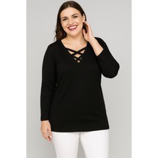 Curvy Trend Büyük Beden V Yaka Çapraz Bantlı Uzun Kol Bluz