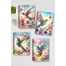 Qoeuyl Boutique Sevimli Minik Kuş Vitray Görünümlü Tasarım Tel Spiralli 4'lü Günlük, Ajanda, Okul Defter Seti