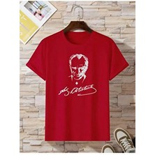 Kırmızı Oversize Tişört Pamuklu Kısa Kol Mustafa Kemal Atatürk İmzalı Günlük Stil