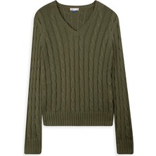 LTB Uzun Kollu V Yaka Triko Yeşil Kazak