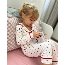Cg Kids Kırmızı Kalp Desenli Fitilli Yumuşak Kumaş Düğmeli Beli Lastikli Kız Çocuk Pijama Alt Üst Takım