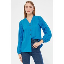 Armonika Kadın Açık Mavi Kolu Lastikli Bürümcük Gömlek ARM-24K001002