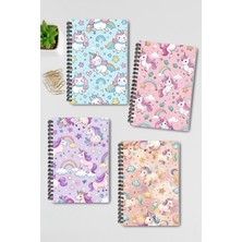 Qoeuyl Boutique Renkli Unicorn Tasarım Tel Spiralli 4'lü Hatıra, Günlük, Ajanda, Anı, Okul Defter Seti