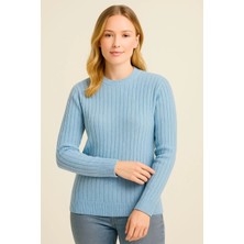 Velmora Fashion Kadın Bisiklet Yuvarlak Yaka Triko Kazak Pamuklu Kalın Fitilli Dokuma, Regular Fit Uzun Kollu Kışlık Model - Bebe Mavisi