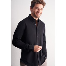 İmza Siyah Düğmeli Yaka Kendinden Desenli Örme Uzun Kol Performans Ürün Slim Fit %100 Pamuk Gömlek 1004255272