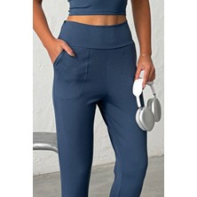 Opendo Yüksek Bel Dar Paça Jogger Eşofman Altı Indigo Mavi