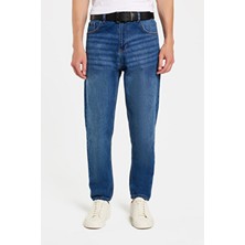 Tudors Erkek Relax Fit Geniş Kesim Boru Paça Yıkamalı Taşlamalı Boyfriend Esnek Mavi Jean Kot Pantolon