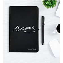 BK Gift Atatürk Temalı Siyah Defter Kalem Hediye Seti - 6 Kişiye Özel Siyah Renk Özellikli