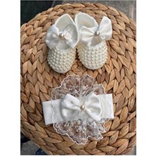 Harry&Millie Kız Bebek Fiyonk Detay Parlak Incili Patik Dantelli Bandana Set 10CM Hediyelik Patik Lüx Cırtcıtlı