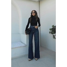 Havoş Koyu Mavi Tintli Wide Leg Jean Kadın Normal Bel Kesim %98 Pamuk %2 Elastan