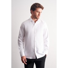 İmza Beyaz Yarım Italyan Yaka Kendinden Desenli Uzun Kol Premium Slim Fit %100 Pamuk Gömlek 1004255193
