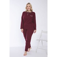 Temporium Kadın Bordo Büyük Beden Düğmeli Yakalı Uzun Kollu Interlok Pijama Takımı Nakışlı Desenli