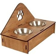  çelik kaseli ahşap pati desenli kedi köpek mama ve su kabı