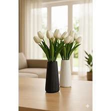 Millonu Minimalist Beyaz Çizgili Çiçek Vazo 19 cm Taş Tozu Malzemeden 2 Parça Şık Tasarım