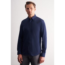 İmza Lacivert Düğmeli Yaka Kendinden Desenli Örme Uzun Kol Performans Ürün Slim Fit %100 Pamuk Gömlek 1004255272