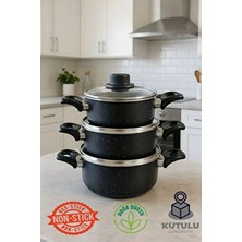 Enashop 6 Parça Cam Kapaklı Granit Midi Tencere Seti Saklama Kabı Küçük Boy 12-14-16CM