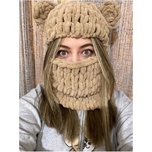 Aslı İplik Balaclava Sevimli Ayı Kar Maskesi Alize Puffy Handmade Moda Bere Şapka Sütlü Kahve Bal Köpüğü