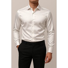 Cathecat Slim Fit Uzun Kollu Kolay Ütü Teri Emen Nefes Alan Doku Kravatlık Dört Mevsim Beyaz Erkek Gömlek