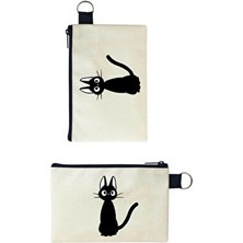 Woys Bags Siyah Kedi Baskılı Kanvas Makyaj Çantası