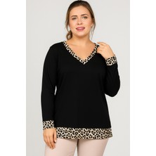 Curvy Trend Büyük Beden V Yaka Kolucu Etek Leopar Garnili Uzun Kol Bluz